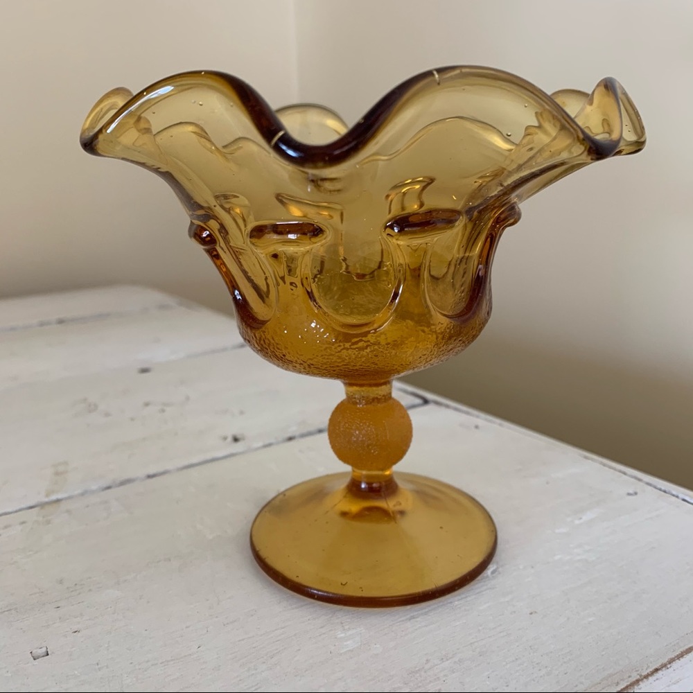 Vintage Amber Glass Ruffled Footed Dish Italy